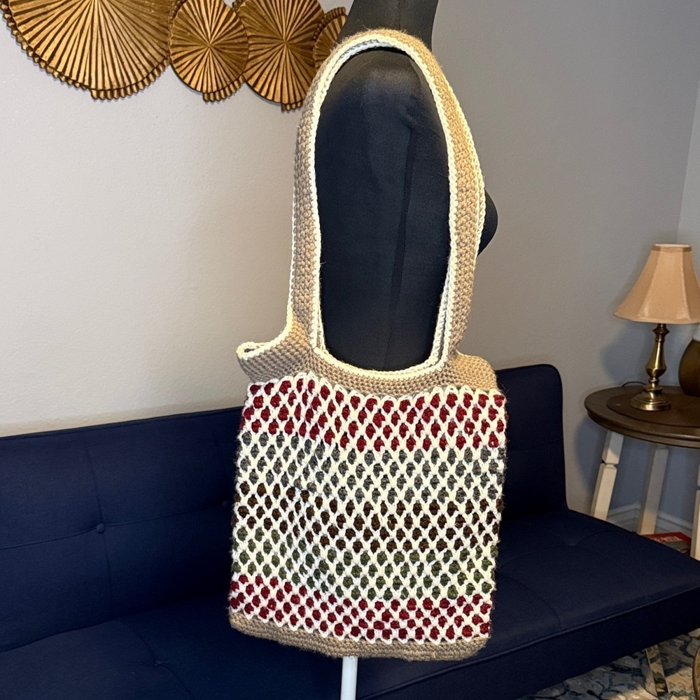 Handcrafted Multi-color Knit Crochet Tote Bag 15x14